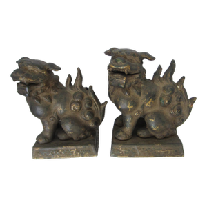 19th Century Chinese Lion Foo Dogs Bronze Bookends-a Pair