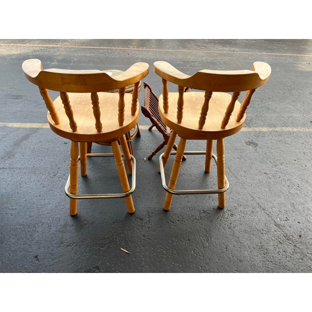 Mid 20th Century 1960s Solid Wood Swivel Captain’s Bar Stools Set of 2 For Sale - Image 5 of 6