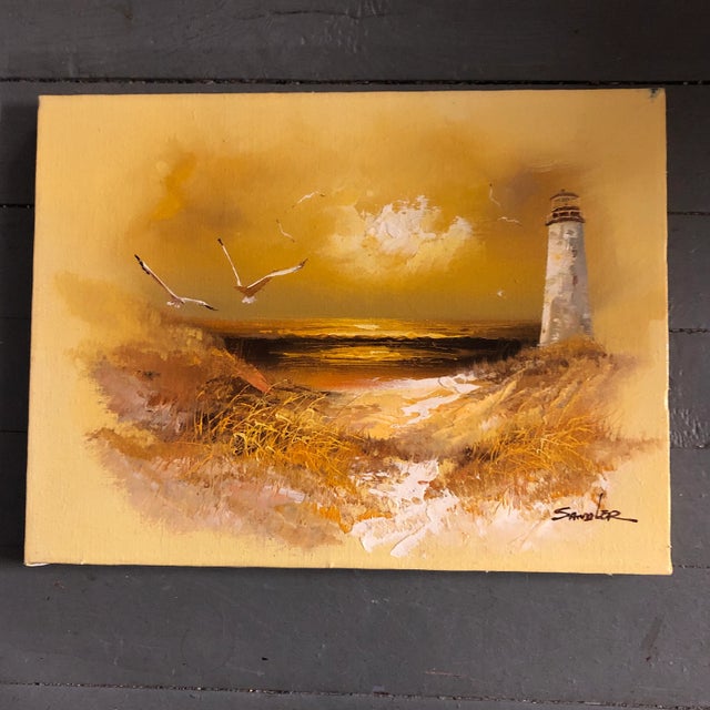 Original Vintage 1960’s Seascape Painting With Lighthouse & Seagulls Signed For Sale In Philadelphia - Image 6 of 6