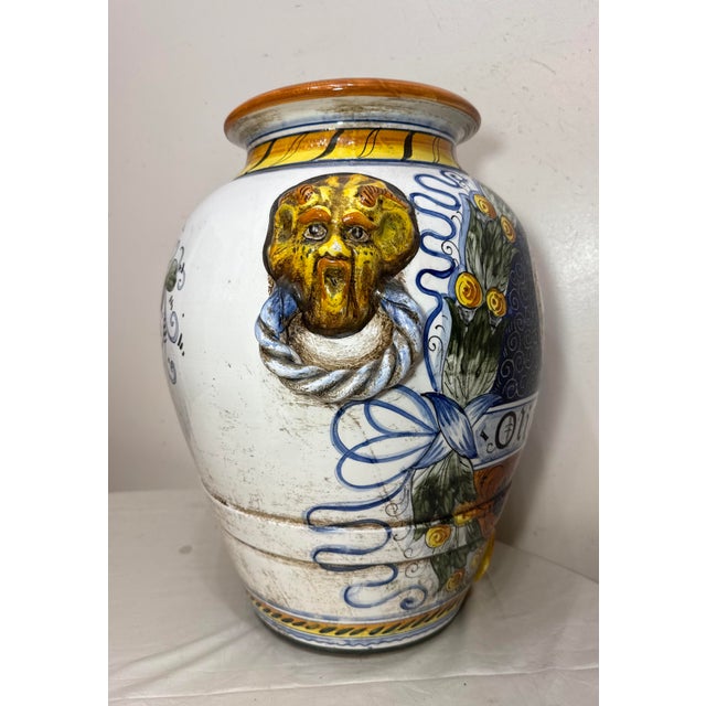 Monumental Antique Hand Painted Italian Majolica Terracotta Pottery Olive Vase For Sale - Image 13 of 15
