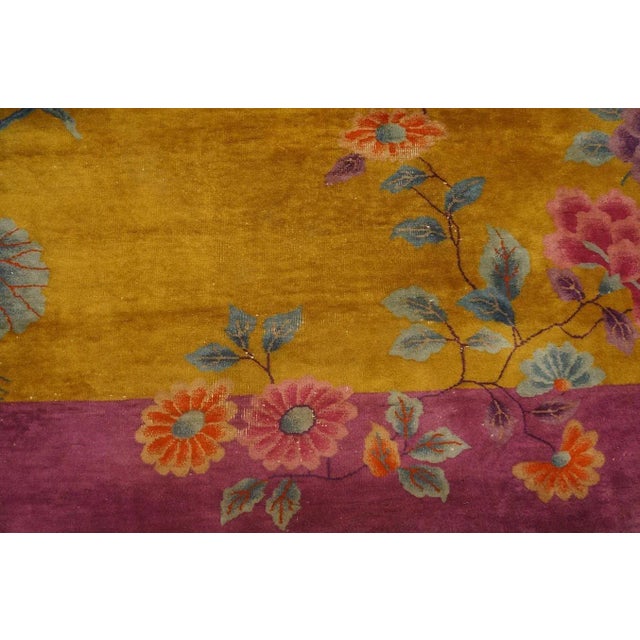 1920s 1920s Yellow Canary Floral Antique Chinese Art Deco Carpet 8' 10'' X 11' 4'' Knotted Wool Rug For Sale - Image 5 of 12