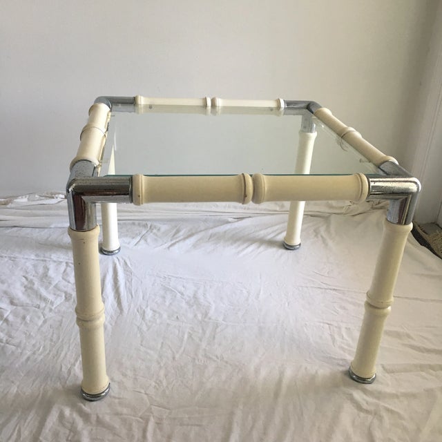1970s Hollywood Regency Bamboo Styled Turned Wood & Chrome Corner Side Table For Sale - Image 10 of 10