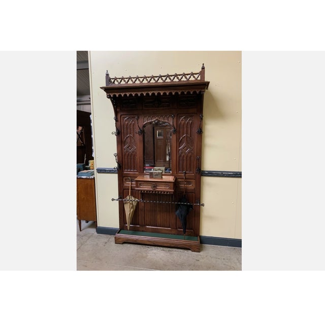 Wood Antique Neo-Gothic Wardrobe with Drawer, 1880 For Sale - Image 7 of 11