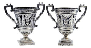 Salt and Pepper Shakers in Cut Silver with Religious Scene and Blue Glass Souls Interior, Set of 2