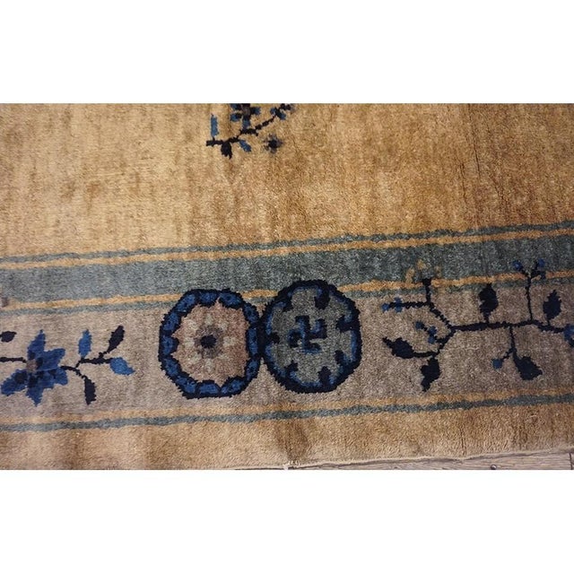 1920s Tan Beige Color With Great Blue Florid Design Antique Chinese Peking Rug For Sale - Image 9 of 10