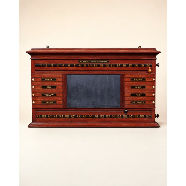 Circa 1900 English mahogany wall-mounted billiards and snooker scoring cabinet by William Bayliff, 15 Houghton St.,...