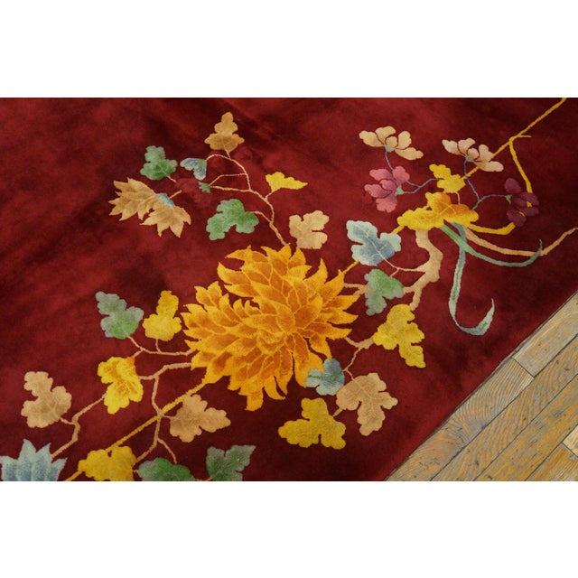 Early 20th Century 1930s Red Burgundy Floral Antique Chinese Art Deco Rug 8' 6" X 11' 6" Handknotted Wool Carpet For Sale - Image 5 of 6