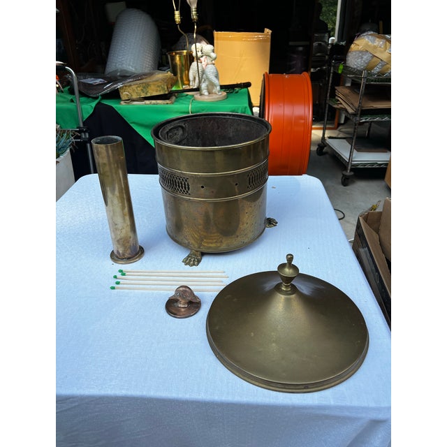 Vintage Footed Pierced Brass Coal Scuttle Bucket and Tall Duck Matchstick Holder For Sale - Image 11 of 12