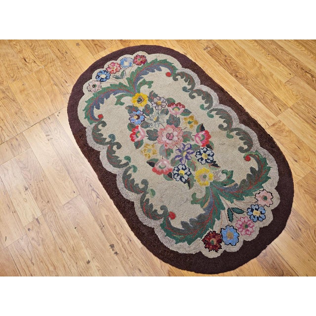 American Vintage American Hand Hooked Rug, Wool & Cotton, Floral Pattern, Folk Art Tapestry, 3x5 For Sale - Image 3 of 15