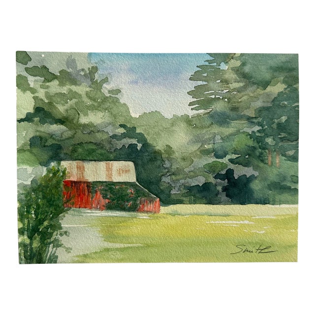 Signed Original Watercolor Landscape “That Barn Down the Road” For Sale