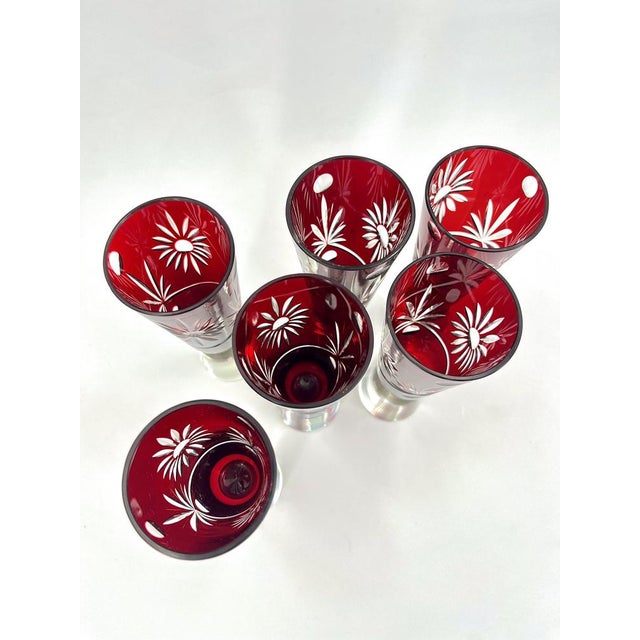Vintage Art Deco Bohemian Ruby Glasses, 1920s, Set of 6, in Flawless conditions. Designed 1920 to 1949