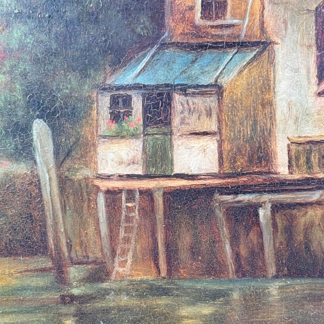 Antique European Harbor Village Oil Painting in Ornate Gilt Frame For Sale - Image 4 of 12