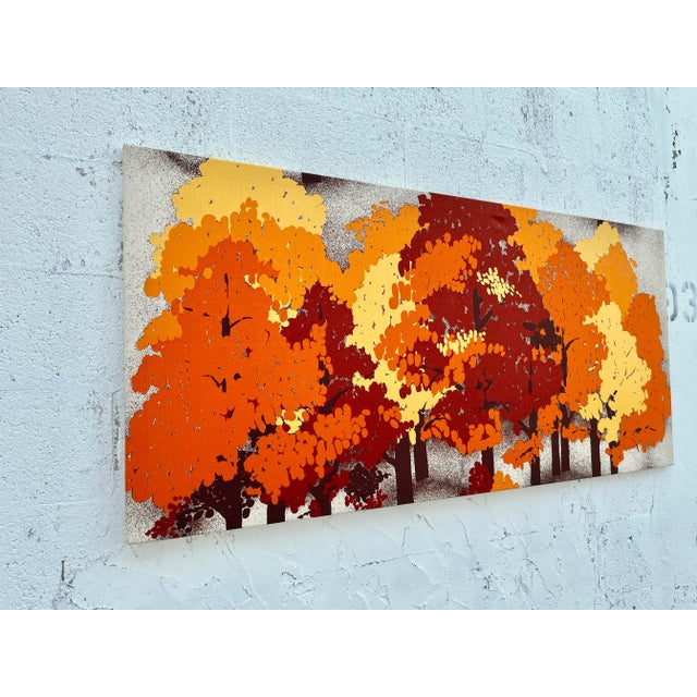 1970s Mid Century Modern Large Textile Wall Art Features a stretched canvas with a forest-inspired design printed in...