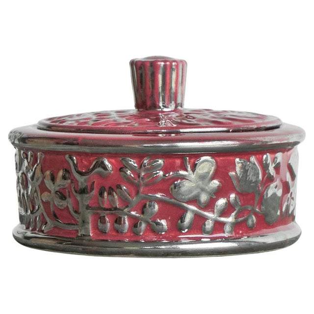 Boch Frères Keramis Pink Lidded Bowl with Silver Glazed Flowers and Butterflies, 1920s For Sale - Image 12 of 12