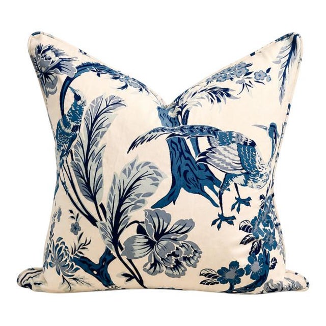 2020s Blue Chinoiserie Bird & Floral Pillow For Sale - Image 5 of 5