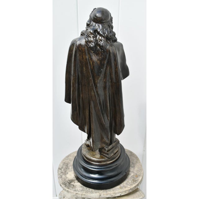 Antique Spelter Figure of European Renaissance Scholar on Wooden Base For Sale - Image 10 of 13