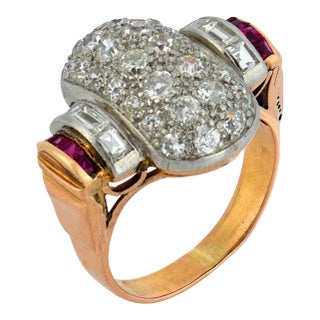 1940s Retro Ruby Diamond 18k Rose Gold Tank Ring, Size 6.5 For Sale
