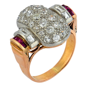 1940s Retro Ruby Diamond 18k Rose Gold Tank Ring, Size 6.5