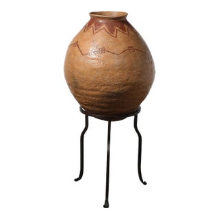 Native American Tribal Terracotta Red Iron Oxide Vessel on Wrought Iron Base For Sale