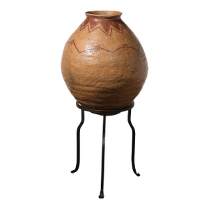 Native American Tribal Terracotta Red Iron Oxide Vessel on Wrought Iron Base