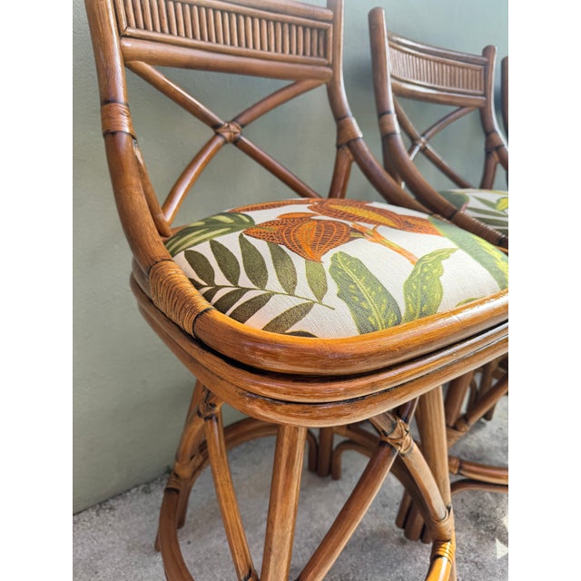 1960s Rare Trio of X-Back Bamboo Swivel Counter Stools (3) - Refurbished and Reupholstered For Sale - Image 4 of 12