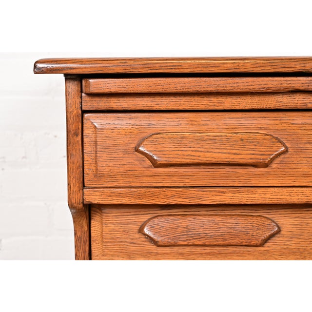 Wood Antique Arts & Crafts Carved Oak Five-Drawer Flat File or Chest of Drawers, Circa 1900 For Sale - Image 7 of 14