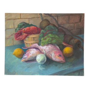 Vintage Original Still Life Painting on Board Depicting Lobster, Fish and Fresh Produce