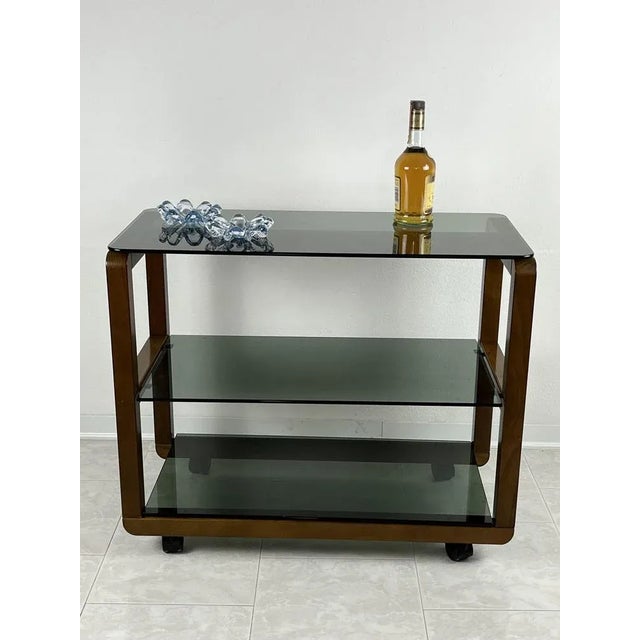 Cart in Wood and Glass Smoke with Wheels, Italy, 1980s For Sale - Image 3 of 10