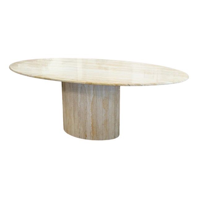 Vintage Italian Travertine Stone Oval Shaped Pedestal Base Dining Table For Sale