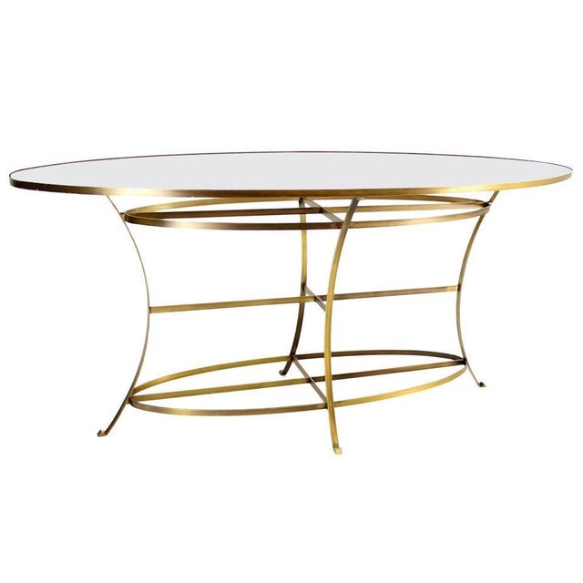Brass Large Brass Oval Mirrored Top 39"h Bar Hight Table Display Center Console For Sale - Image 8 of 9