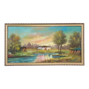 "Serenity in the Village" - Vintage Village Scene Original Oil Painting on Canvas, Signed