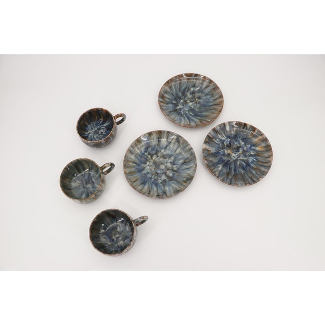 Ceramic 1920s Bordallo Pinheiro Art Deco Flambé-Glazed Set of Three Teacup & Saucer For Sale - Image 7 of 12