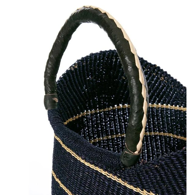 African Midnight Blue Shopper With Black Leather Handles For Sale - Image 3 of 4