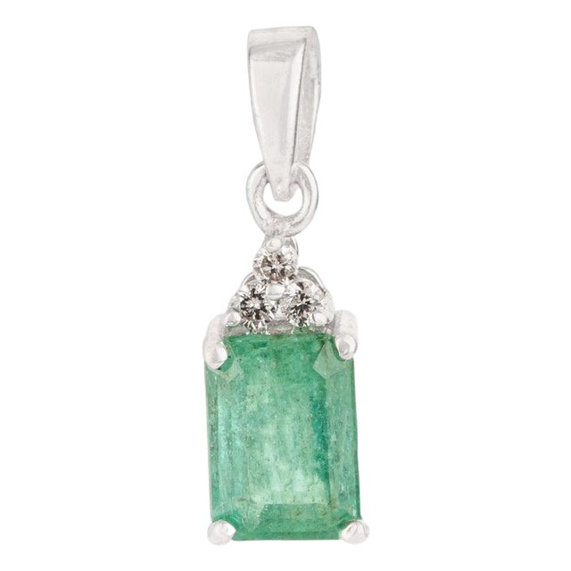 Dainty Emerald and Diamond Pendant in Solid 925 Silver For Sale