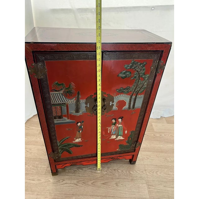 Red 1950s Mid Century Chinese Console Cabinet Double Doors Interior Shelf Hand Painted For Sale - Image 8 of 11