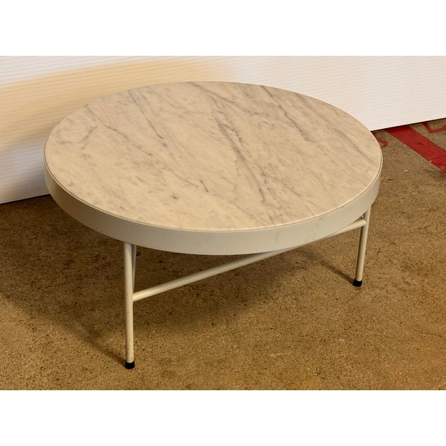 Ferm Living Round Carrara Marble + White Metal Coffee Table/ Side Table For Sale - Image 10 of 12