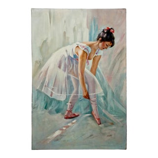 Mid-20th Century Signed S. Hills - Ballerina Adjusting Pointe Shoe, Oil on Canvas For Sale