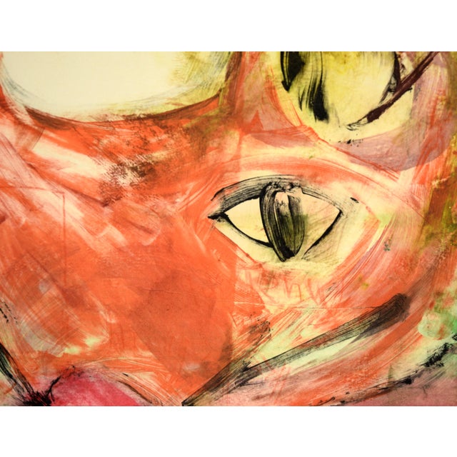 Paper Colorful Cat Face - Transfer Monotype in Water Based Ink on Paper by Heather Speck For Sale - Image 7 of 9