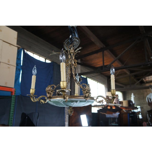 Wedgwood Neoclassical Green Jasperware Cherub Cameo Chandelier Pendant Light For Sale - Image 13 of 18