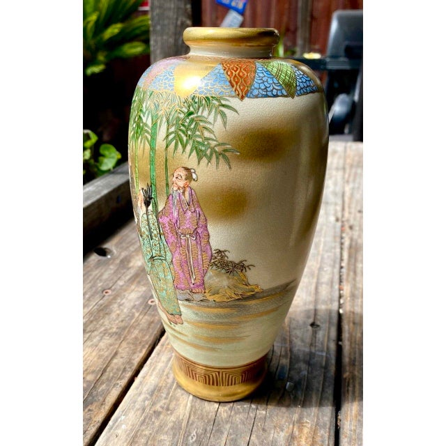 Ivory Pair of Antique Japanese Satsuma Kōzan Vases Depicting the Seven Lucky Gods (Shichifukujin) For Sale - Image 8 of 18