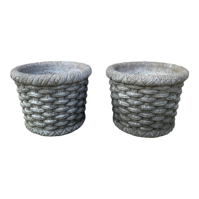 Pair of Vintage French Country Basketweave Cast Concrete Garden Planters For Sale