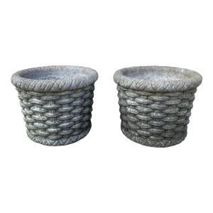 Pair of Vintage French Country Basketweave Cast Concrete Garden Planters