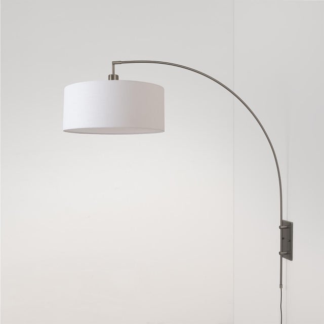 2020s Span Wall Mounted Arc Lamp, Modern Black Nickel Steel, White Fabric Drum Shade, Dimmable, Foot Dimmer For Sale - Image 5 of 5
