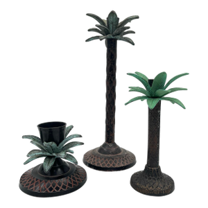 Vintage Curated Collection of Bronze and Verdigris Metal Palm Tree Candlestick Holders - Set of 3