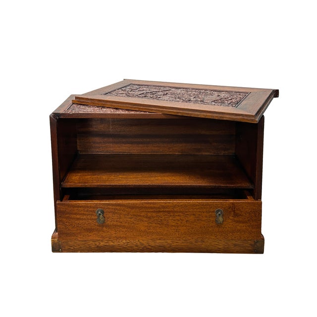 1980s Oriental Cloud Scroll Relief Motif Treasure Chest Box Brown Color Wood For Sale - Image 5 of 11