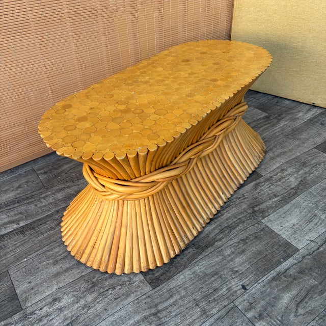 Hollywood Regency Hollywood Regency / Coastal Style McGuire Sheaf of Wheat Rattan Coffee Table. Circa 1980s For Sale - Image 3 of 18