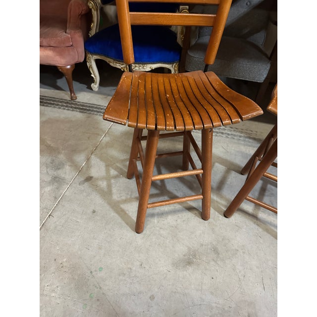 1970s Pair of 1970s Wooden Slat Swivel Bar Stools For Sale - Image 5 of 7