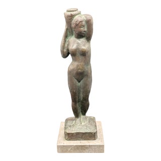Vintage Bronze Statue: Neoclassical Woman Carrying Vessel For Sale