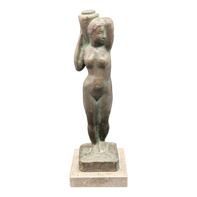 Vintage Bronze Statue: Neoclassical Woman Carrying Vessel For Sale