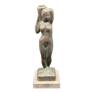 Vintage Bronze Statue: Neoclassical Woman Carrying Vessel